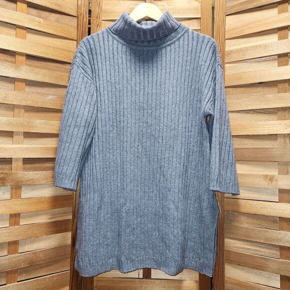 Sympli Gray Cable Knit Turtleneck Sweater Women M Merino Wool Cotton Blend - Picture 1 of 9